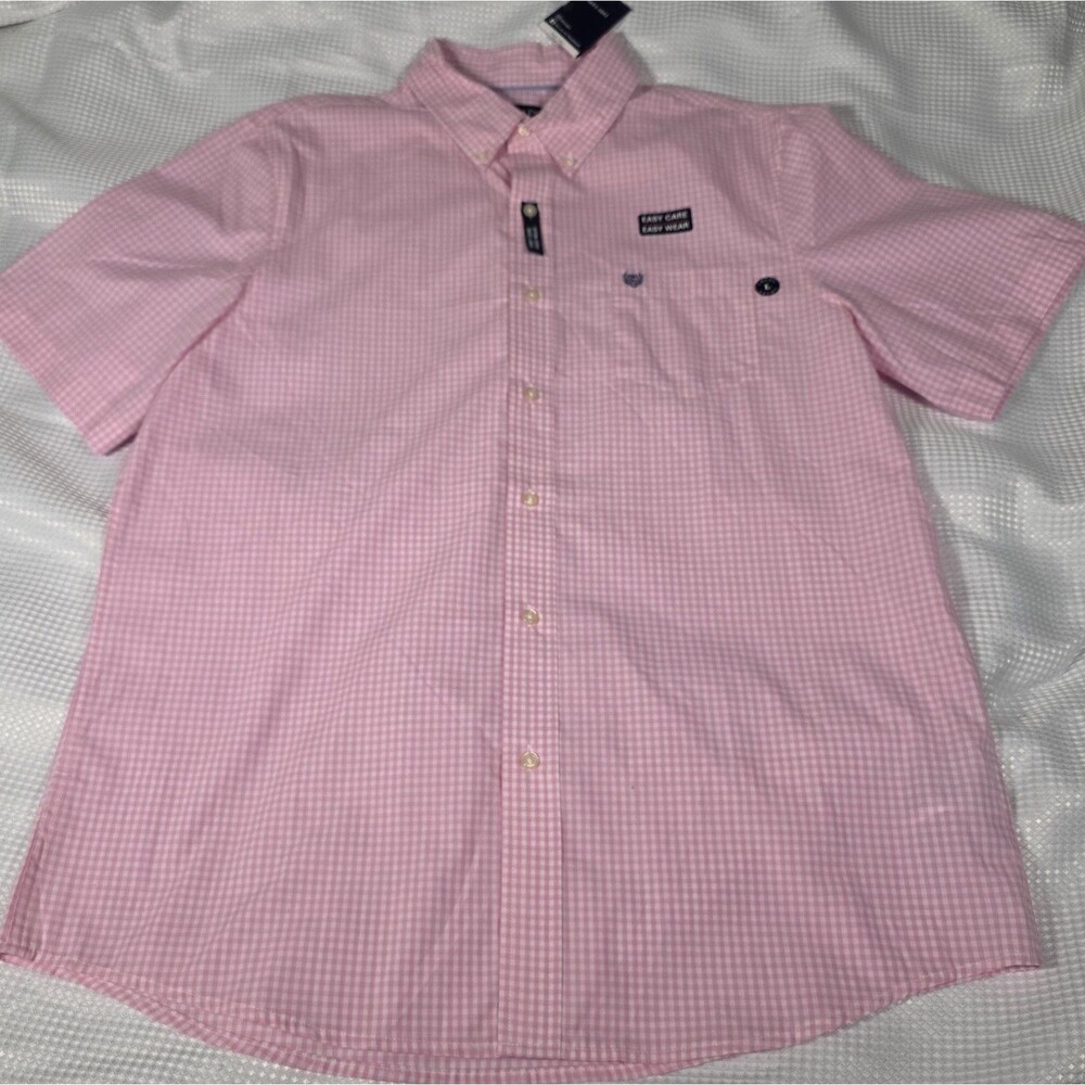 Chaps Shirt Mens Large Button Down Pink Plaid Short Sleeve Pocket Logo NWT